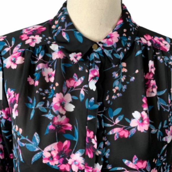 ELLE Button Up Blouse Women Medium Long Sleeve w/Tab & Button Floral - Picture 2 of 5